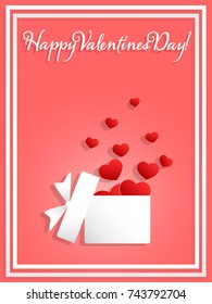 Vector illustration of red paper hearts in white gift box and fly in the air and "Happy Valentines Day!" text on pink background. Valentine's day concept for background, advertising and promotion.