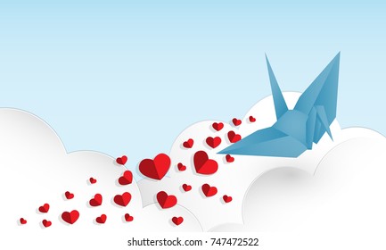 Vector illustration of  red paper hearts falling from paper origami bird in blue color on blue sky and white clouds background. Concept of love and valentine day, paper art style.