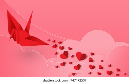 Vector illustration of  red paper hearts falling from paper origami bird in red color on pink sky and clouds background. Concept of love and valentine day, paper art style.