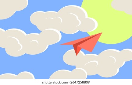 Vector illustration of a red paper plane flying through the blue sky with fluffy clouds and bright sun. Minimalistic, flat design with travel and freedom concept