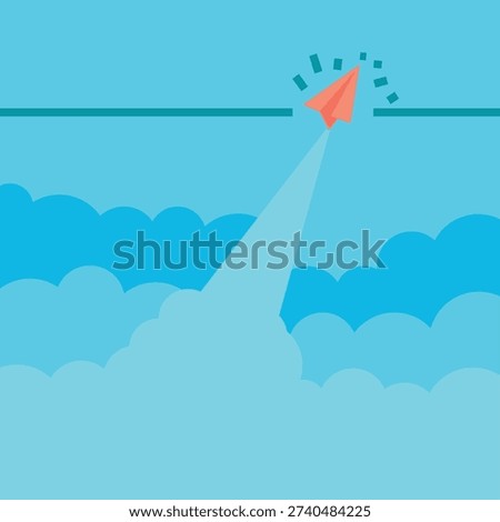 Vector illustration of a red paper plane breaking through a barrier and soaring upward, symbolizing breakthrough, ambition, determination, and achieving success beyond limits.sky