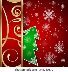 Vector illustration: Red paper-craft vertical  postcard with green christmas tree, gold decoration and snowflakes