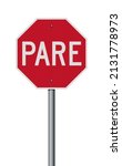 Vector illustration of the red Pare (Stop for South America countries) road sign with reflective effect