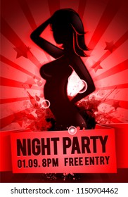 vector illustration red party happy hour ladies night flyer design template with silhouette of dacing women and splash effects in the background