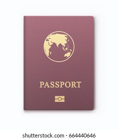Vector illustration of red passport with map, international identification document for travel, isolated on white background