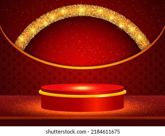 Vector illustration red pattern background with sparkle stage podium and golden banner for design