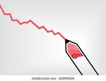 Vector illustration of red pen or pencil drawing a declining negative growth curve / chart 