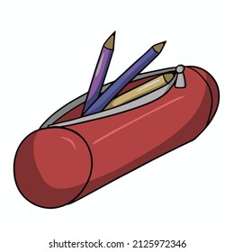 Vector illustration, red pencil case for written school subjects, colored pens and pencils in a pencil case, on a white background