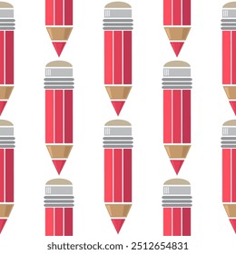 Vector illustration with red pencil isolated on white background. Seamless pattern.