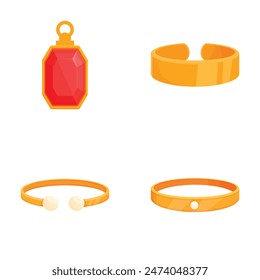 Vector illustration of a red pendant and three gold bracelets with pearls and gemstones