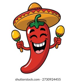 Vektorgrafik von roten Paprika Cartoon Charakter tragen Sombrero und Poncho schüttelnden Maracas ideal für mexikanische traditionelle Speisen Musik oder festliche Designs