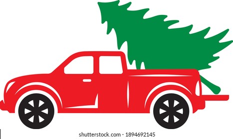 Vector illustration of the red pickup truck with Christmas tree