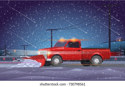 Vector Illustration red pickup truck, snow cleaning, road service, blizzard, snow, road works. Night highway, seasonal work.