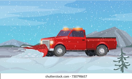 Vector Illustration red pickup truck, snow cleaning, road service, blizzard, snow, road works, seasonal work.