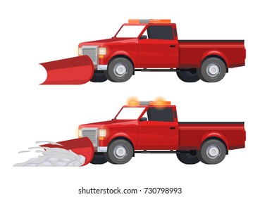 Vector Illustration red pickup truck, snow cleaning, road service, blizzard, snow, road works, seasonal work.