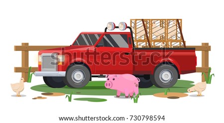 Vector Illustration red pick-up truck, village, delivery of chickens, piglets, wooden boxes. Country farm.
