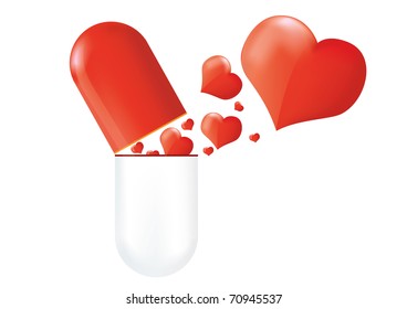 Vector illustration of a red pill filled with hearts