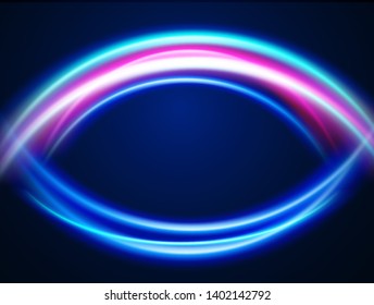 Vector illustration of red pink blue green abstract background with blurred magic neon light curved lines.