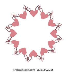 Ilustración vectorial de corazones dibujados a mano rojos y rosados marco circular. Marco romántico del día de San Valentín, corona de corazones perfecta para tarjetas de felicitación e invitaciones de boda.