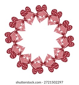 Ilustración vectorial de corazones y arcos dibujados a mano rojos y rosados. Marco romántico del día de San Valentín, corona de corazones perfecta para tarjetas de felicitación e invitaciones de boda.