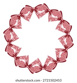 Vector illustration of red and pink hand drawn bows circle frame. Valentines day romantic frame, bows wreath perfect for greeting cards and wedding invitations.
