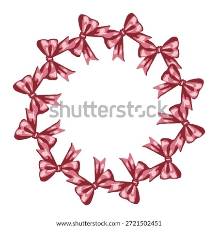 Vector illustration of red and pink hand drawn bows circle frame. Valentines day romantic frame, bows wreath perfect for greeting cards and wedding invitations.