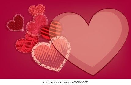 Vector illustration of red and pink hearts on similar colored background 