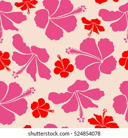Vector illustration of red, pink and neutral hibiscus flowers. Seamless pattern with red, pink and neutral flowers. Vector illustration.