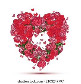 Vector illustration with red and pink roses and falling petals in the shape of a heart wreath isolated on white background.