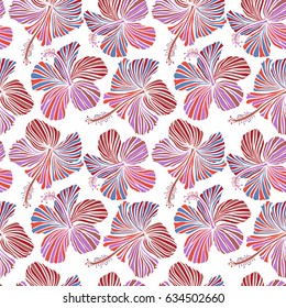Vector illustration in red, pink and violet colors on a white background. Seamless tropical flower, hibiscus pattern.