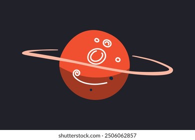 Ilustración vectorial de un planeta rojo con anillos en estilo de dibujos animados planos, Saturno o icono de Urano. Una representación caprichosa, divertida y linda de un cuerpo celeste en el espacio, para diseños de astronomía y temática científica