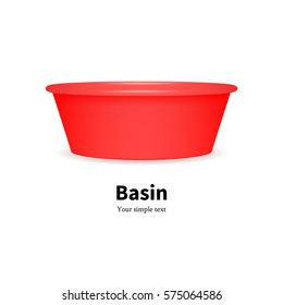 Vector illustration of a red plastic bowl for water and food. Isolated white background. Icon plastic basin for washing dishes and clothes.