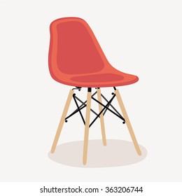 Vector Illustration Of Red Plastic Chair In Scandinavian Nordic Style With Wooden Legs