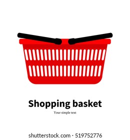 Vector illustration of a red plastic empty shopping basket. Picture, drawing isolated on white background. Side view, profile. Icon, sign shopping bag, box. 