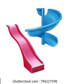 Vector illustration of red plastic slide and spiral blue slide. Isolated on white background