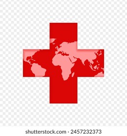 Vector illustration of Red Plus sign with world map on transparent background