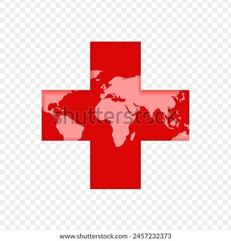 Vector illustration of Red Plus sign with world map on transparent background