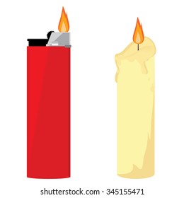 Vector illustration red pocket lighter with fire and wax burning candle. Church candle. Lighter icon. Burning lighter. Modern fuel lighter