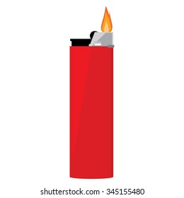 Vector illustration red pocket lighter with fire. Lighter icon. Burning lighter. Modern fuel lighter