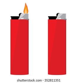 Vector illustration red pocket lighters with fire and no  . Lighter icon. Burning lighter. Modern fuel lighter