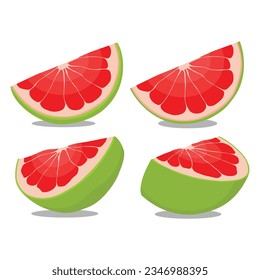 Vector illustration red pomelo sliced in cartoon flat style. Grapefruit orange tropical fruit isolated on white background, fresh food nature for diet, agricultural tropical product, gardening farm