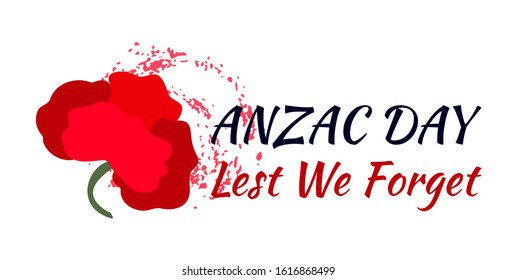 Vector illustration with red poppy flower - a symbol of International Day of Remembrance. Anzac day concept. Lest we forget text isolated on white background. Horizontal banner. 