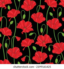 vector illustration. red poppy flowers on black background seamless repeat pattern.