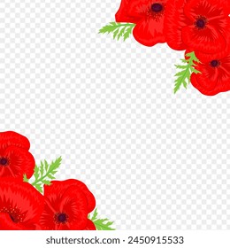 Vector illustration of Red Poppy flowers with leaves on transparent background