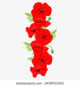 Vector illustration of Red Poppy flowers with leaves on transparent background