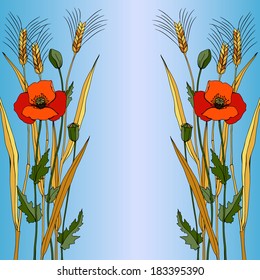 Vector illustration of red poppy on a blue background