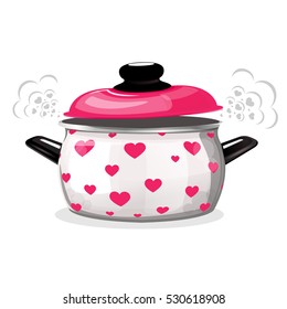 Vector illustration of a red pot with pink cap, steam comes out of it in the form of hearts. Card for the holiday Valentine's Day.