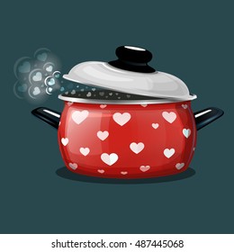 Vector illustration of a red pot, steam comes out of it in the form of hearts. Card for the holiday Valentine's Day.