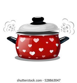 Vector illustration of a red pot, steam comes out of it in the form of hearts. Card for the holiday Valentine's Day.
