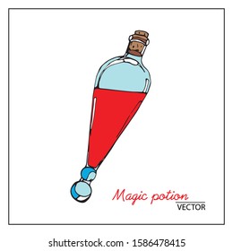 Vector illustration of red potion bottles. Drawn by hand in doodle style, black outline on a white background. For magic salons, books, book illustrations,creating designs,cards, fortunetelling cards.